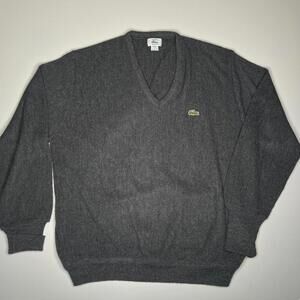 Vintage IZOD Lacoste V-Neck Sweater Men’s L Gray USA Made 100% Orlon Pullover